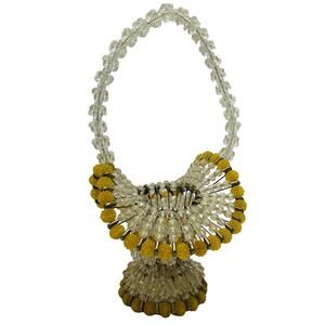 Vintage Handmade Beaded Safety Pin Basket Mid Century Yellow Silver 12" tall